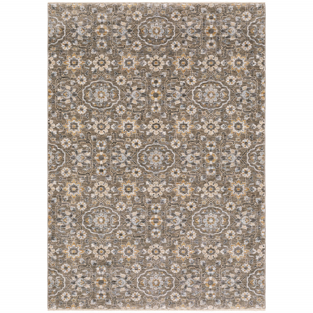 10' X 13' Grey And Tan Floral Power Loom Stain Resistant Area Rug With Fringe