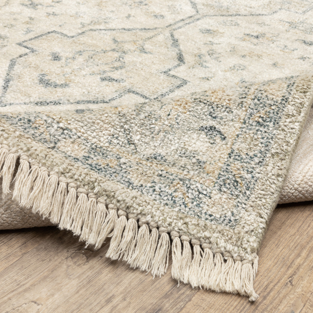 10' X 13' Beige And Charcoal Oriental Hand Loomed Stain Resistant Area Rug With Fringe