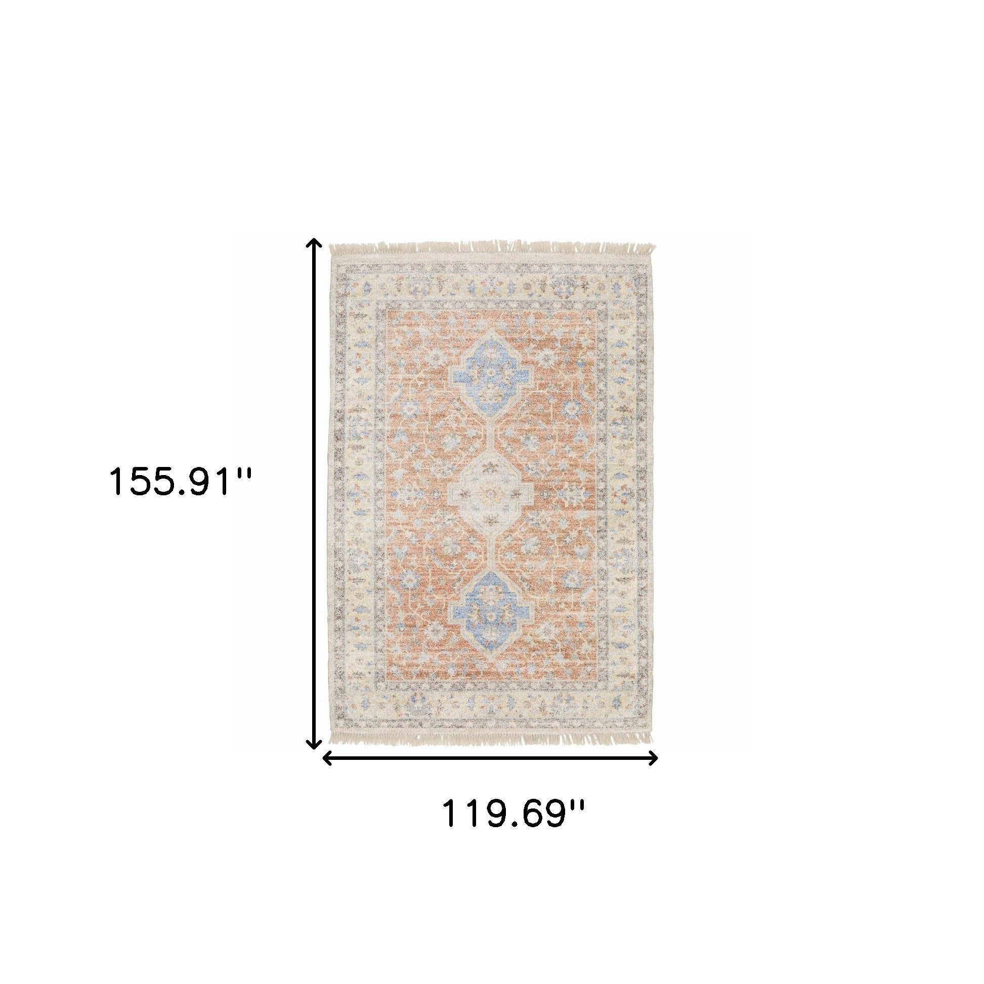 10' X 13' Orange And Blue Oriental Hand Loomed Stain Resistant Area Rug With Fringe