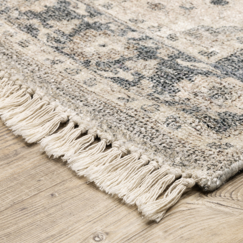 10' X 13' Beige And Grey Oriental Hand Loomed Stain Resistant Area Rug With Fringe