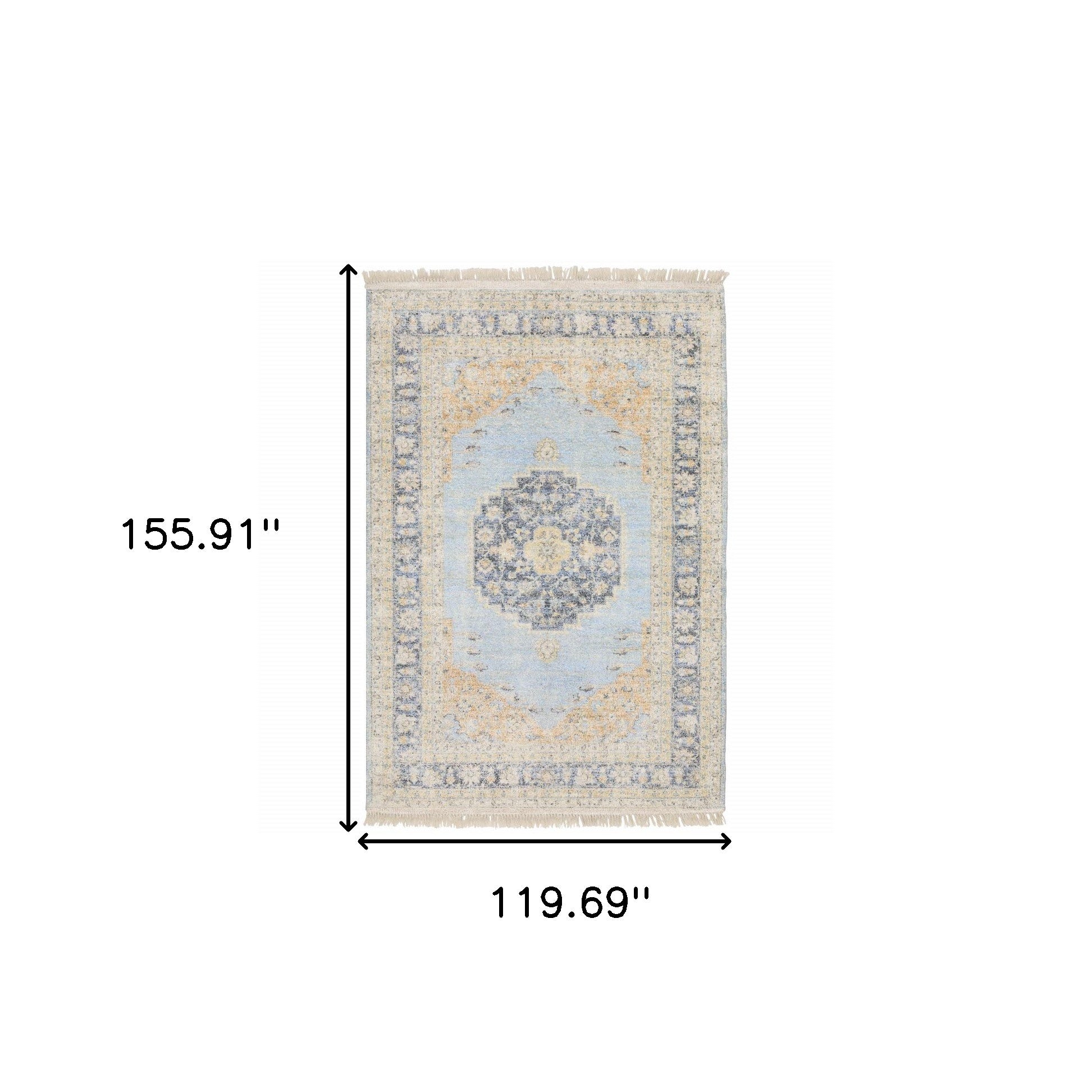 10' X 13' Blue And Beige Oriental Hand Loomed Stain Resistant Area Rug With Fringe