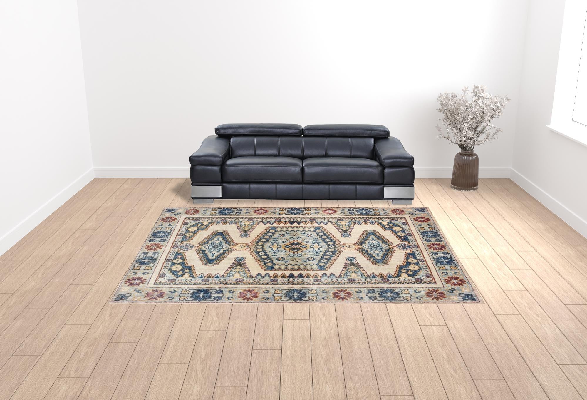 10' X 13' Ivory And Blue Oriental Power Loom Stain Resistant Area Rug