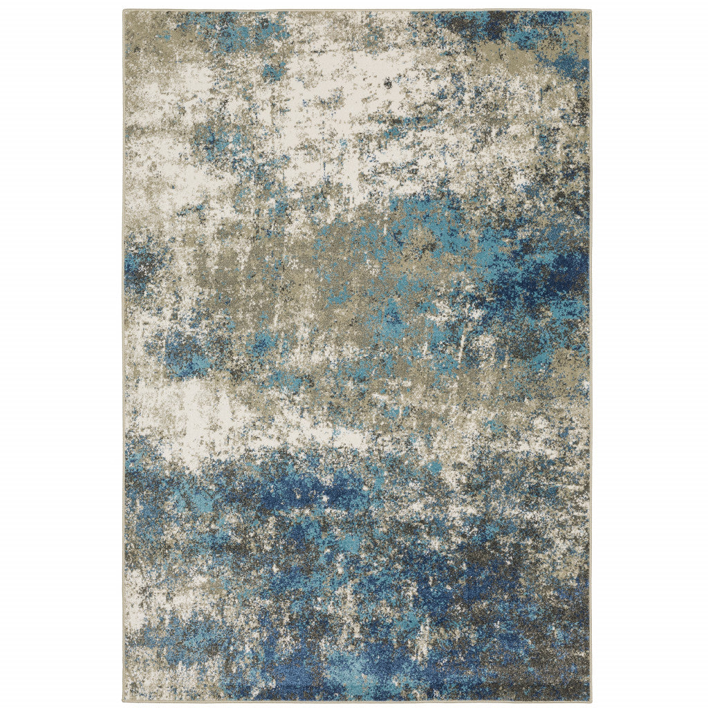 10' X 13' Blue Grey And Beige Abstract Power Loom Stain Resistant Area Rug