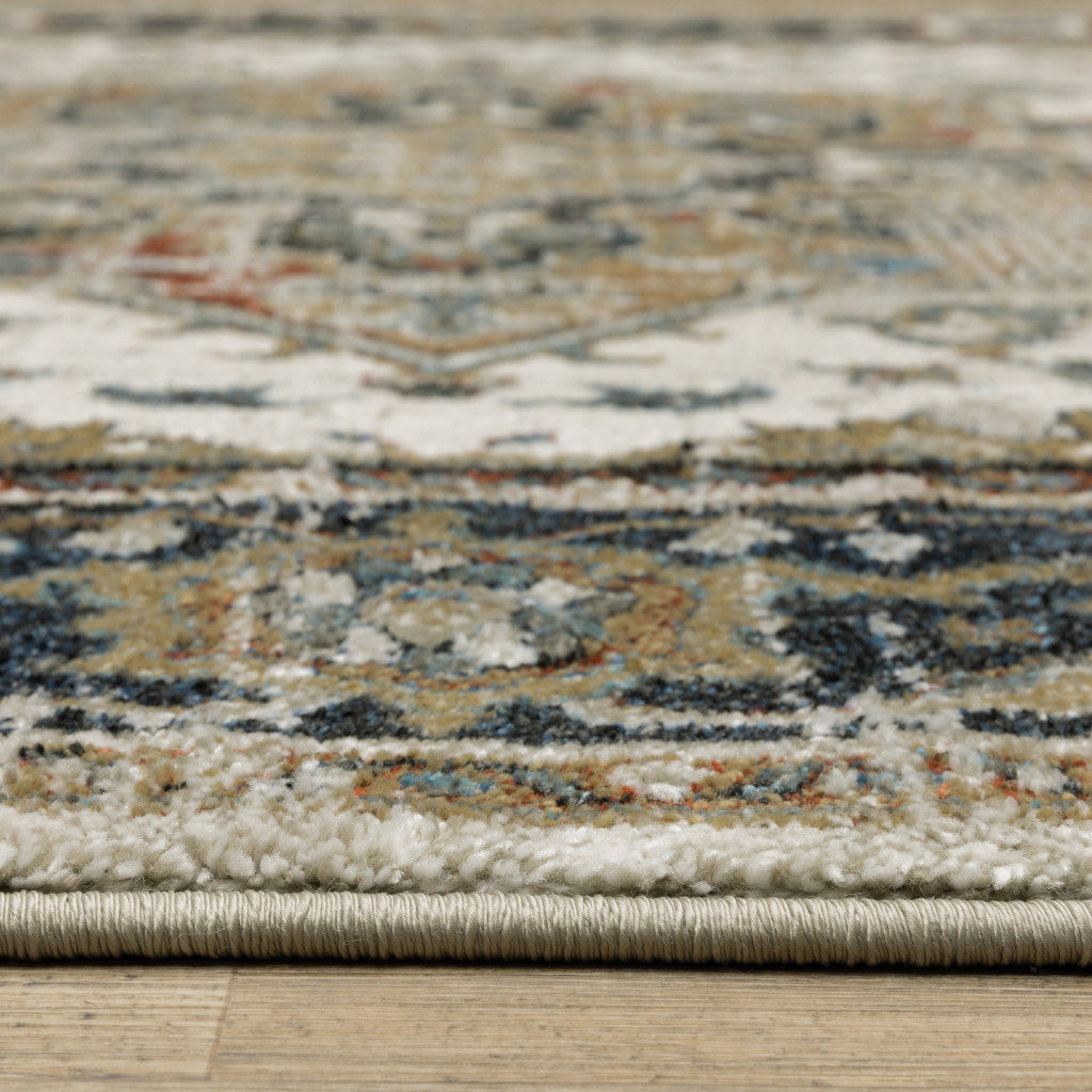 10' X 13' Beige Blue Green Rust And Grey Oriental Power Loom Stain Resistant Area Rug