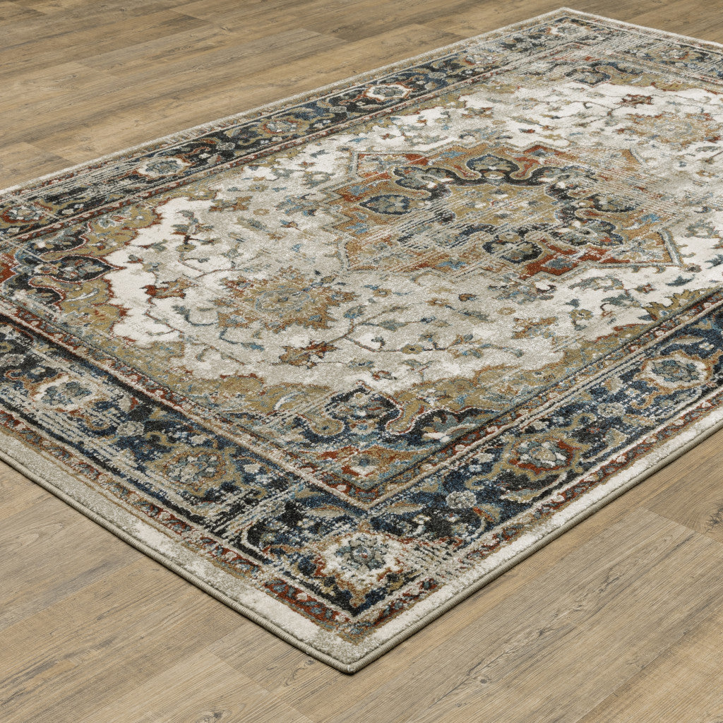 10' X 13' Beige Blue Green Rust And Grey Oriental Power Loom Stain Resistant Area Rug