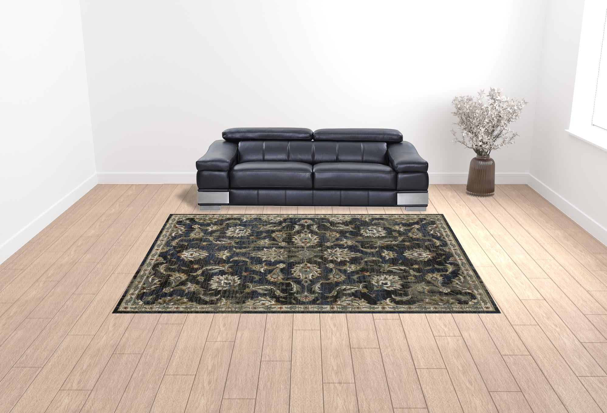 10' X 13' Charcoal Blue Gold Rust And Beige Oriental Power Loom Stain Resistant Area Rug