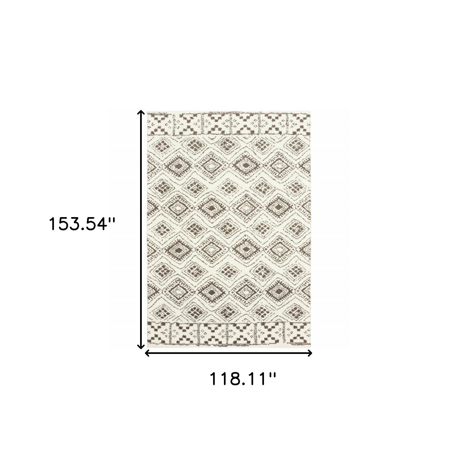 10' X 13' Ivory And Brown Geometric Shag Power Loom Stain Resistant Area Rug