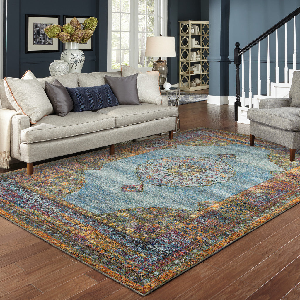 10' X 13' Blue Gold Green Red Orange And Purple Oriental Power Loom Stain Resistant Area Rug