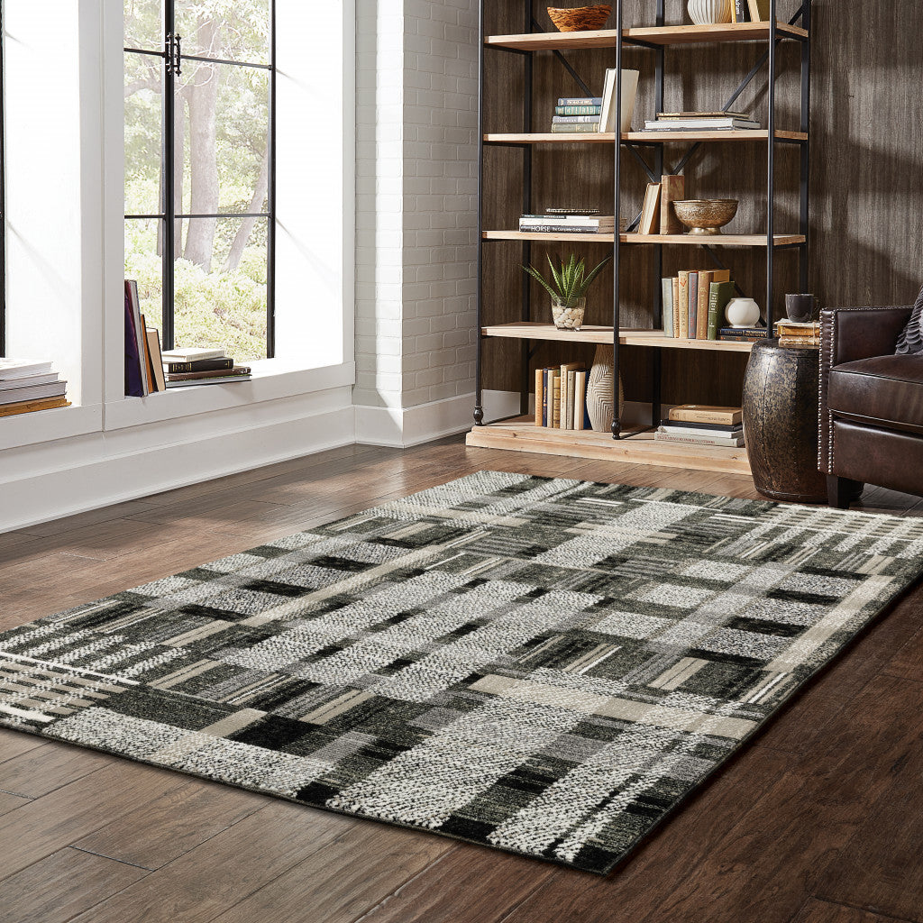 10' X 13' Black Grey And Ivory Geometric Power Loom Stain Resistant Area Rug