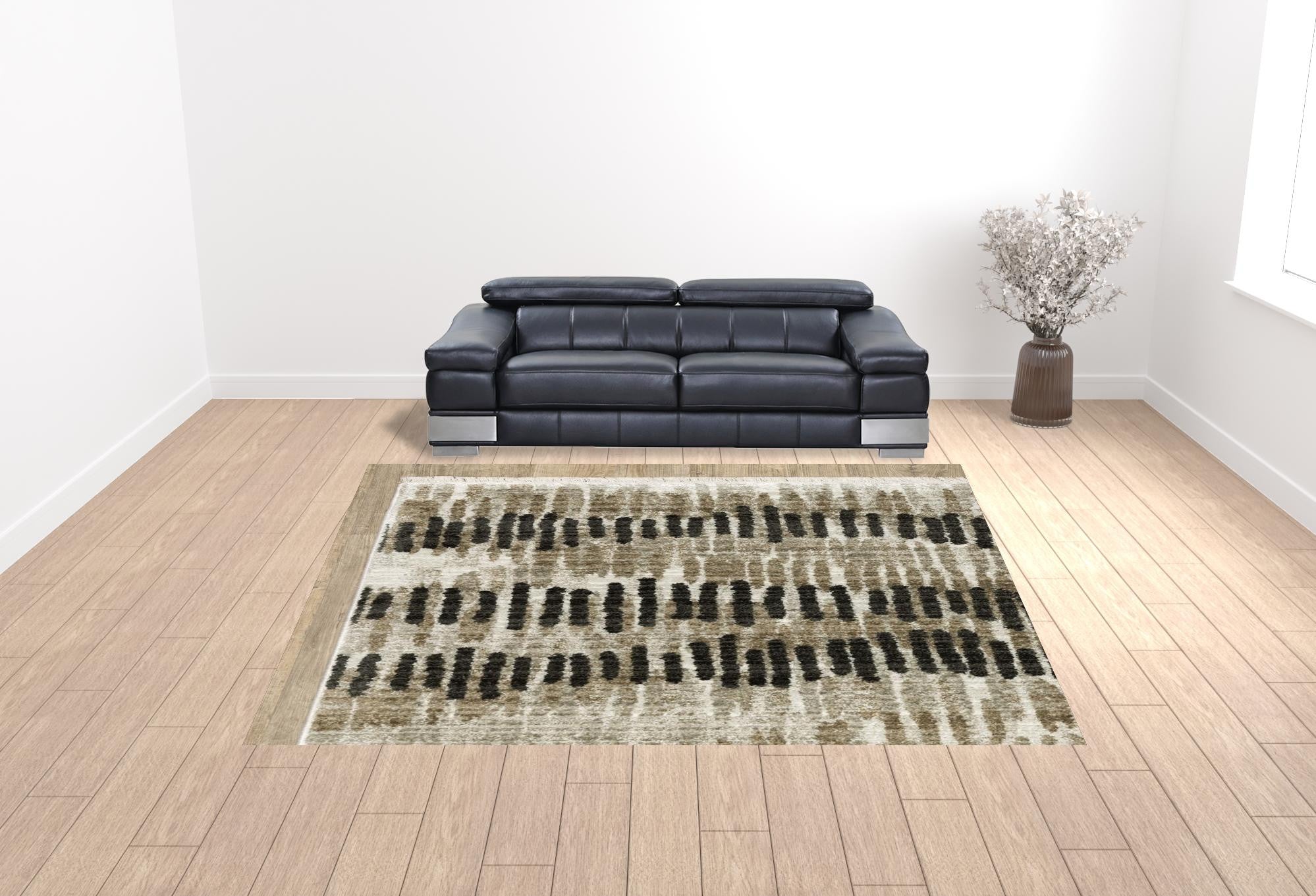 10' X 13' Beige Ivory Charcoal Brown Tan And Grey Abstract Power Loom Stain Resistant Area Rug With Fringe