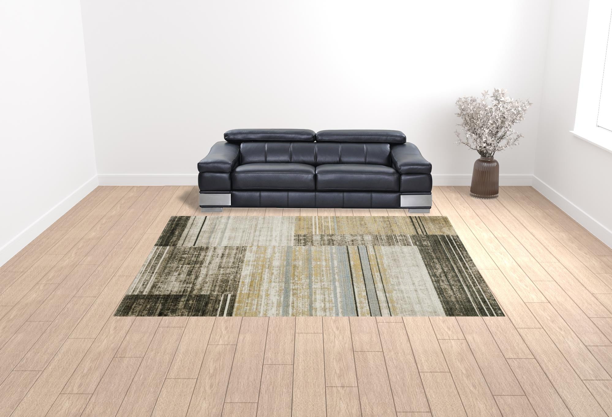 10' X 13' Beige Charcoal Brown Grey Tan Gold And Blue Geometric Power Loom Stain Resistant Area Rug With Fringe