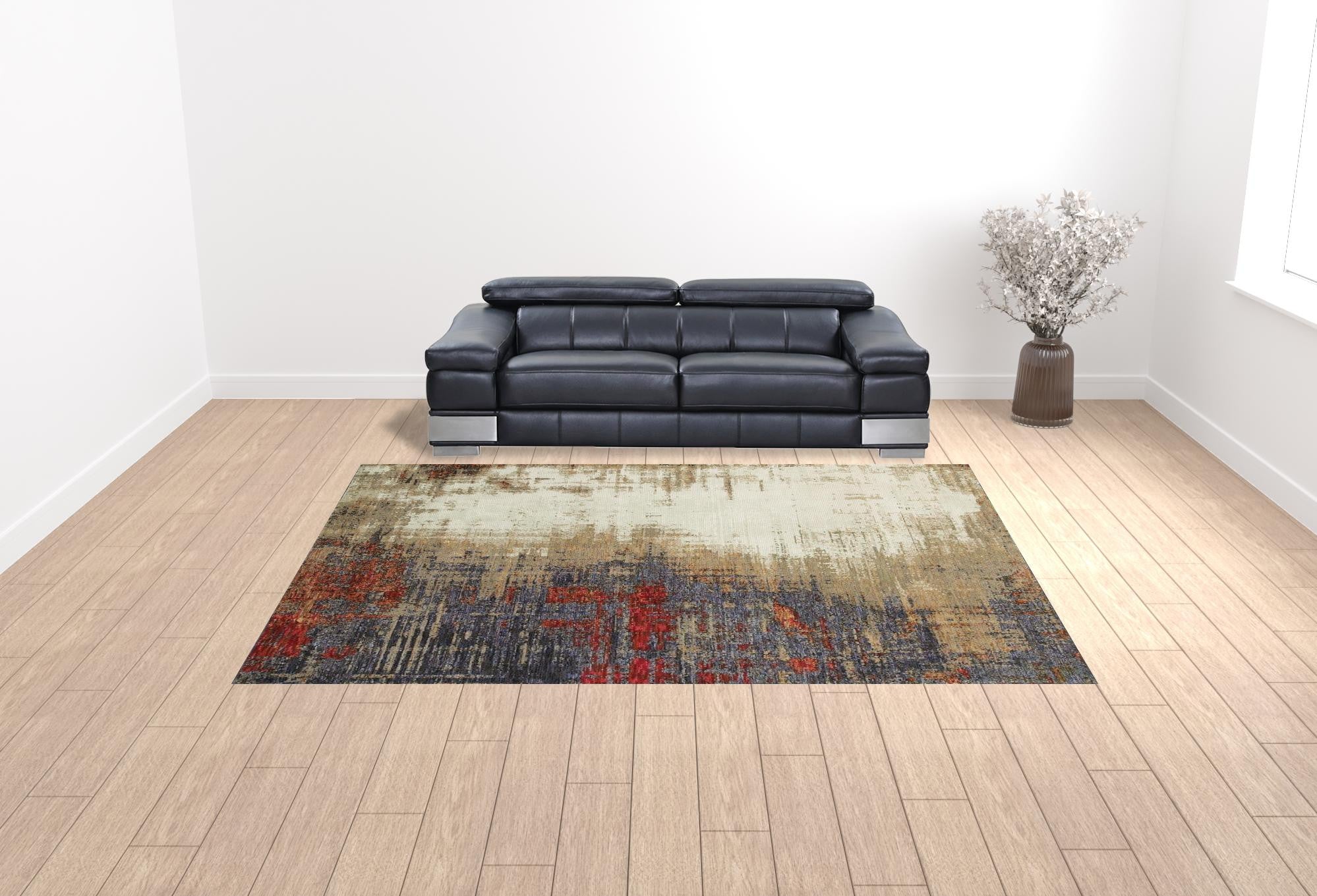 10' X 13' Beige Tan Brown Blue Purple Red Orange Gold And Green Abstract Power Loom Stain Resistant Area Rug