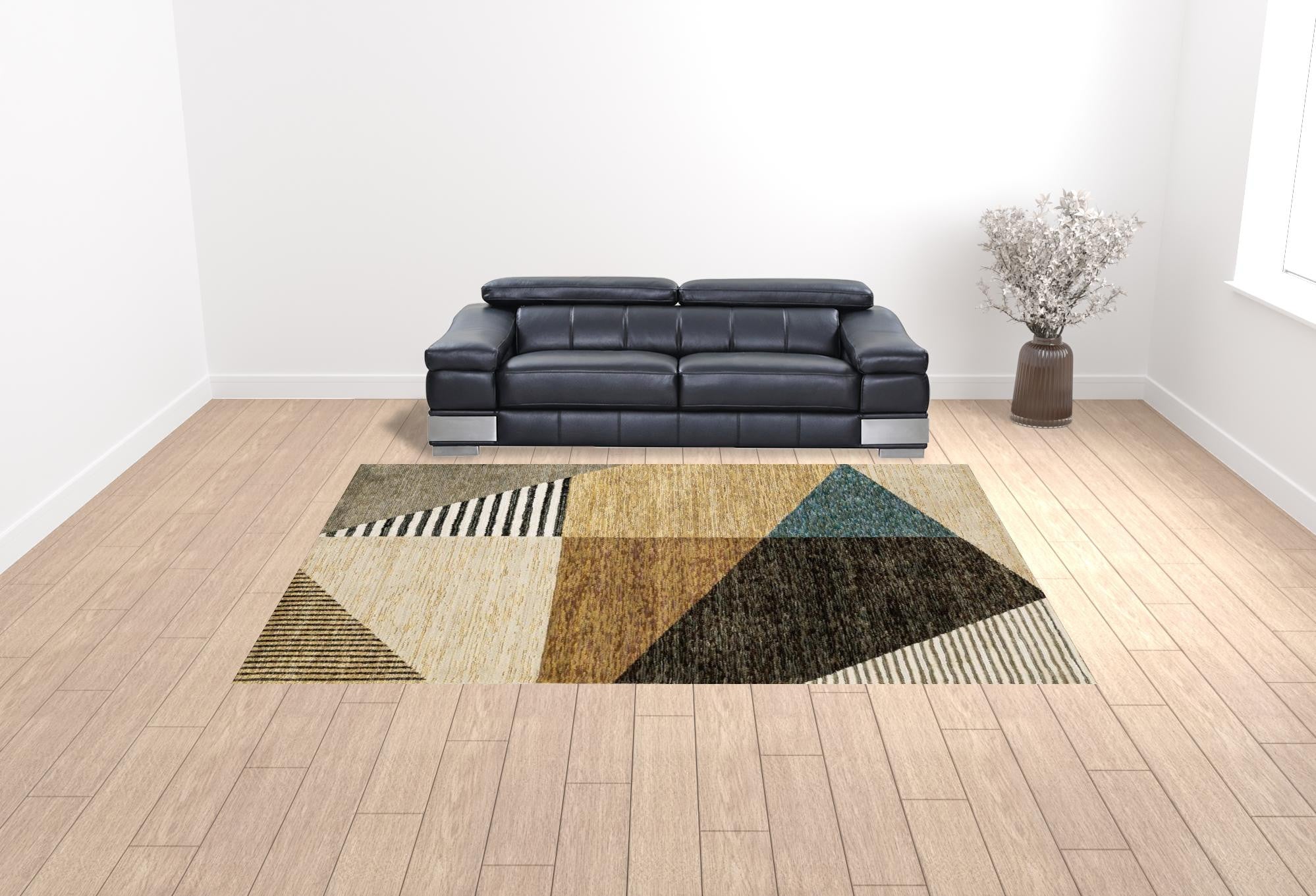 10' X 13' Gold Brown Blue Charcoal Rust And Beige Geometric Power Loom Stain Resistant Area Rug