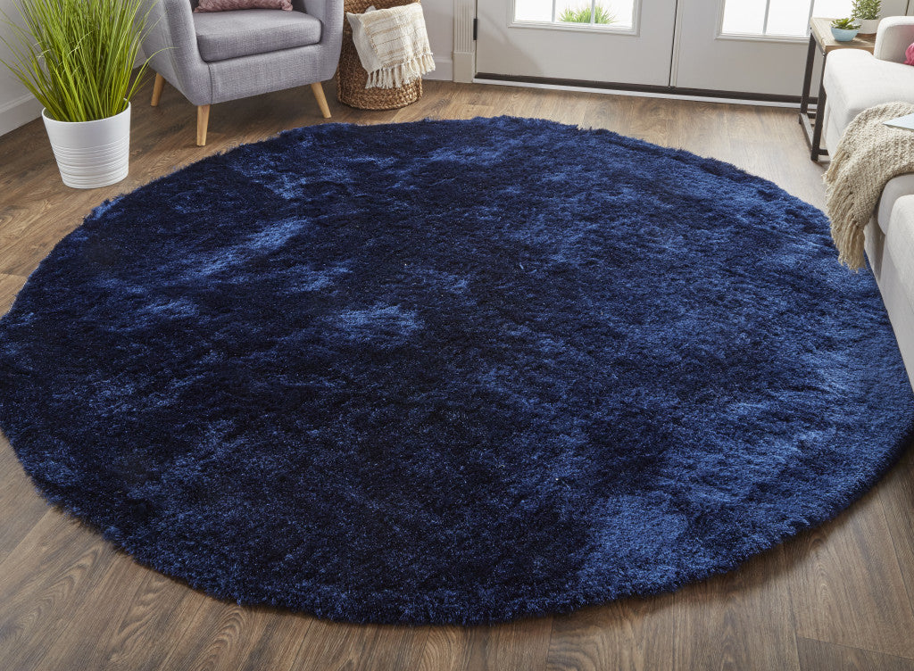 10' Blue And Black Round Shag Tufted Handmade Area Rug