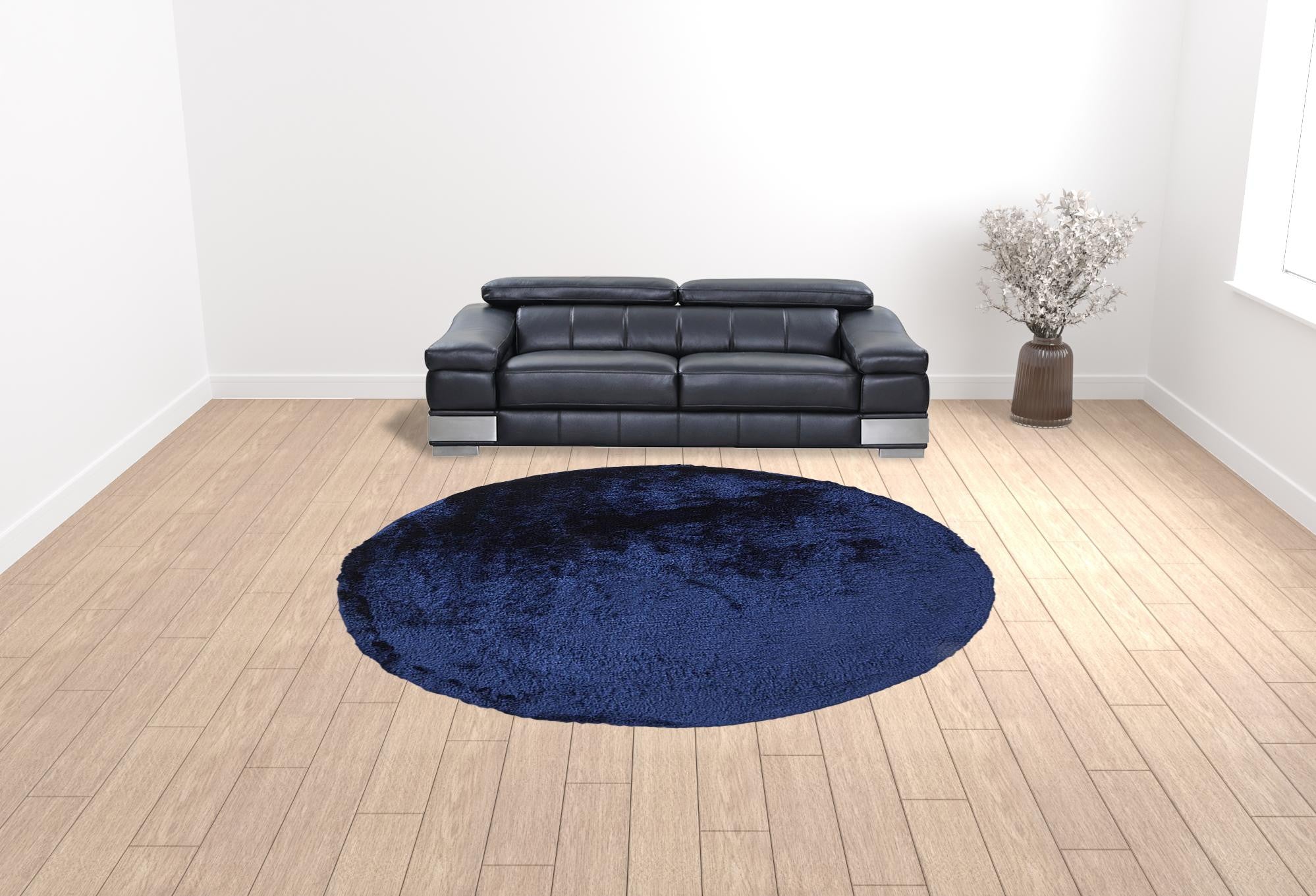 10' Blue And Black Round Shag Tufted Handmade Area Rug