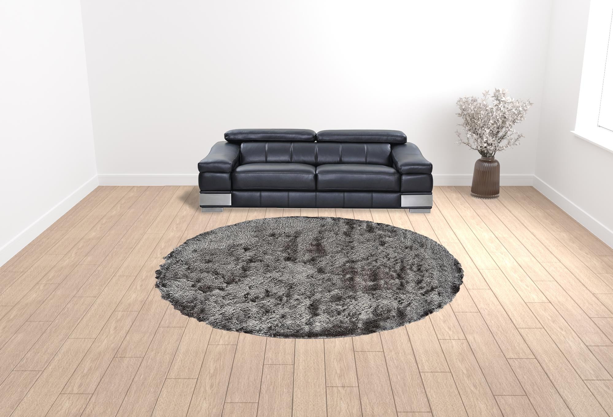 10' Gray And Black Round Shag Tufted Handmade Area Rug