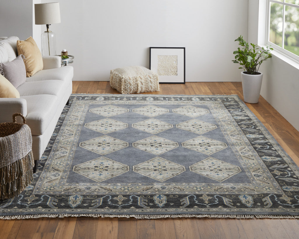 9' X 12' Blue Gray And Taupe Wool Floral Hand Knotted Stain Resistant Area Rug