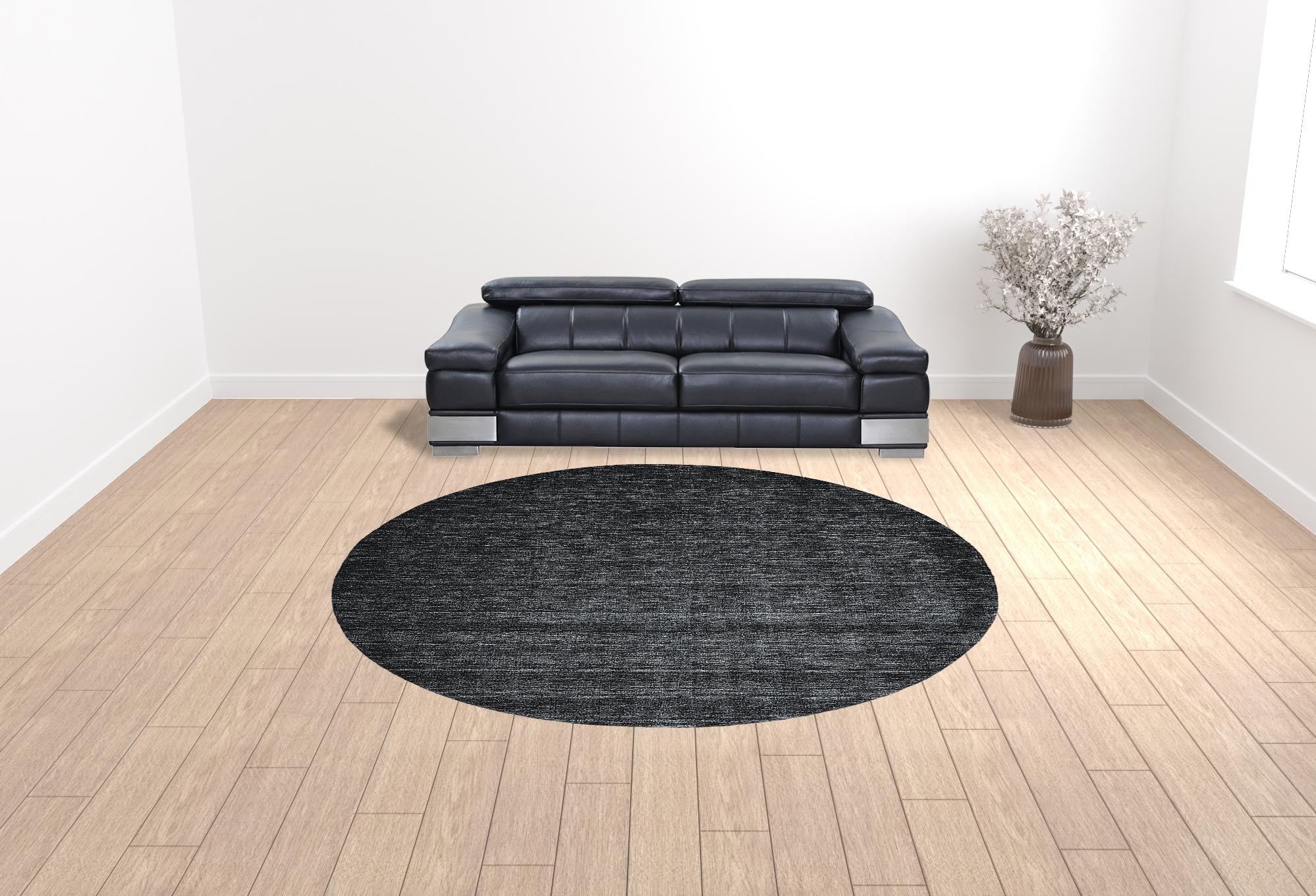 10' Black Round Wool Hand Woven Stain Resistant Area Rug