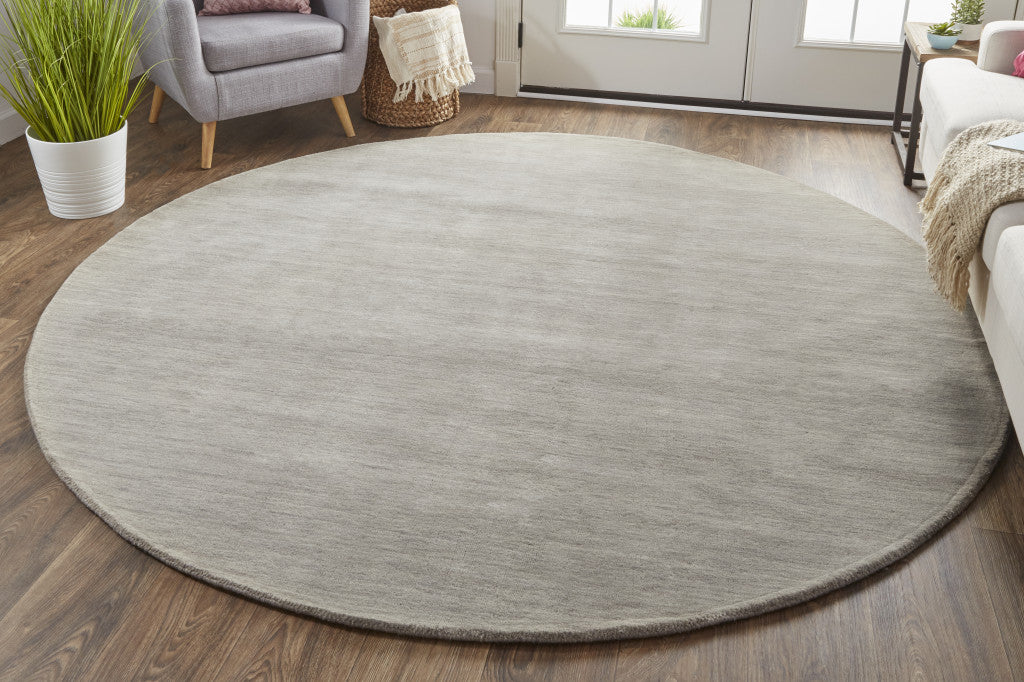 8' Gray And Ivory Round Wool Hand Woven Stain Resistant Area Rug