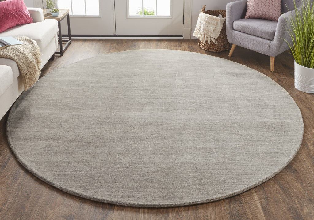 8' Gray And Ivory Round Wool Hand Woven Stain Resistant Area Rug