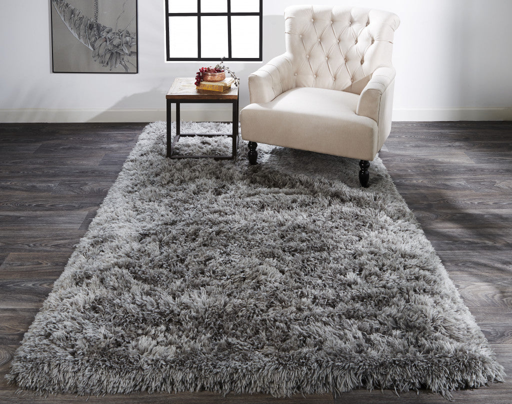 5' X 8' Gray Silver And Taupe Shag Tufted Handmade Stain Resistant Area Rug