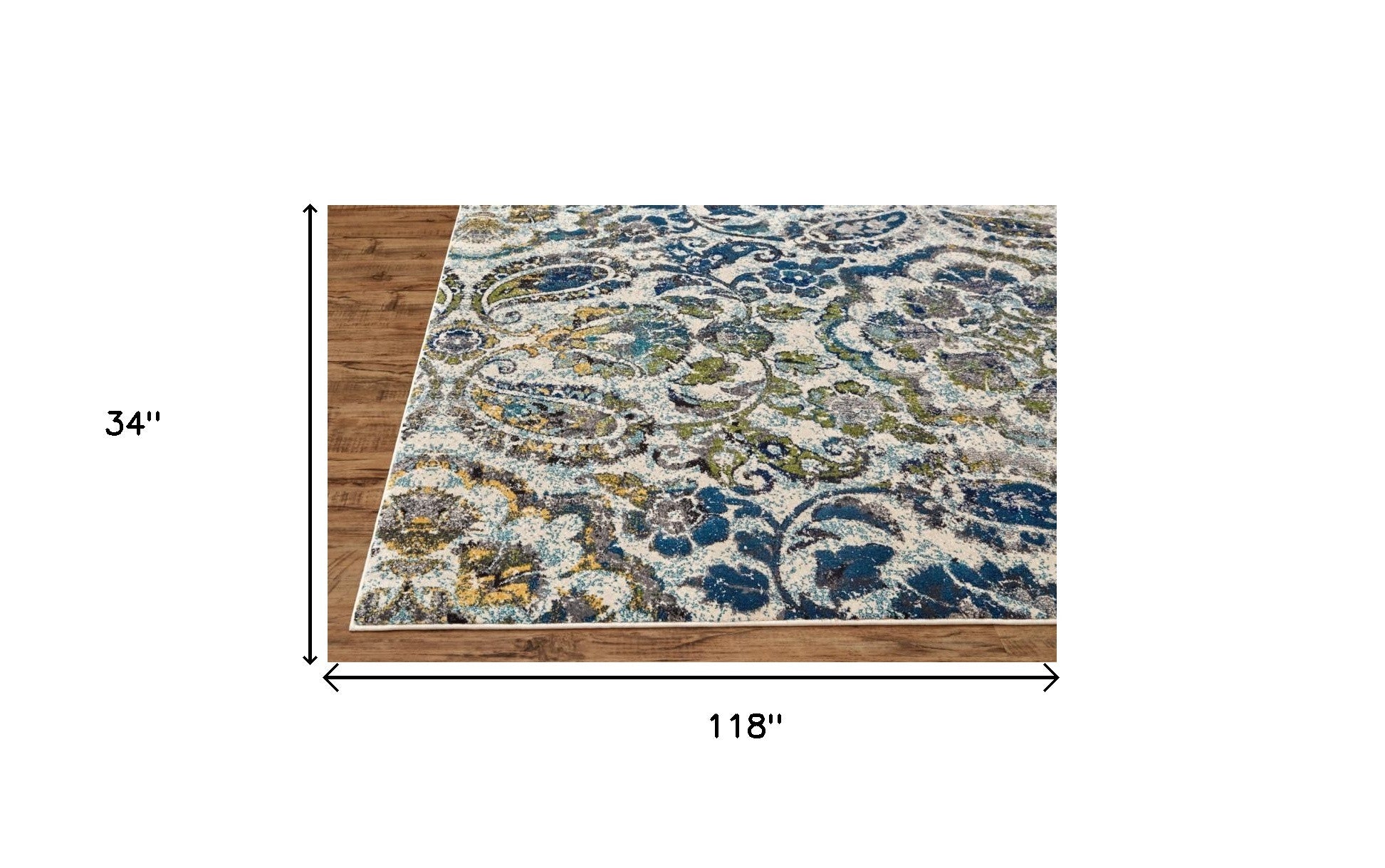 10' Ivory Blue And Green Floral Stain Resistant Runner Rug