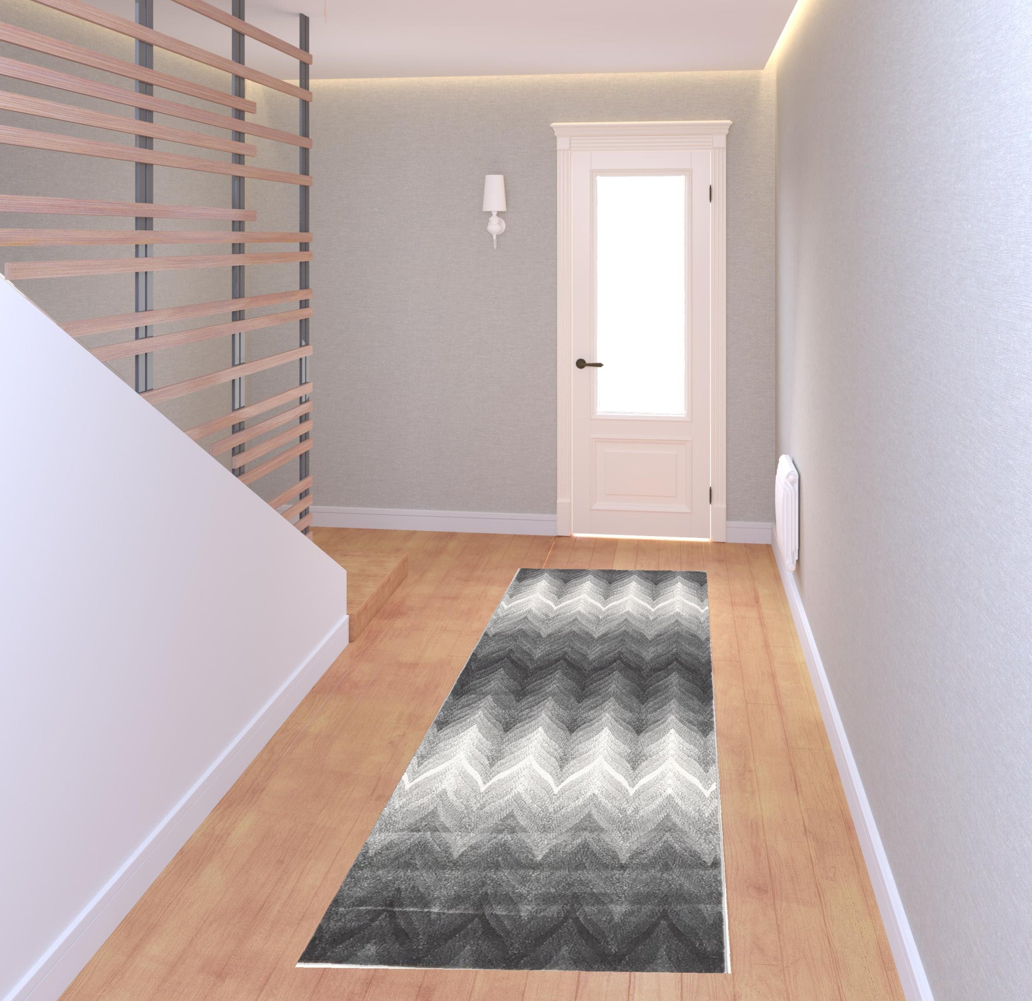 8' Gray and White Geometric Runner Rug