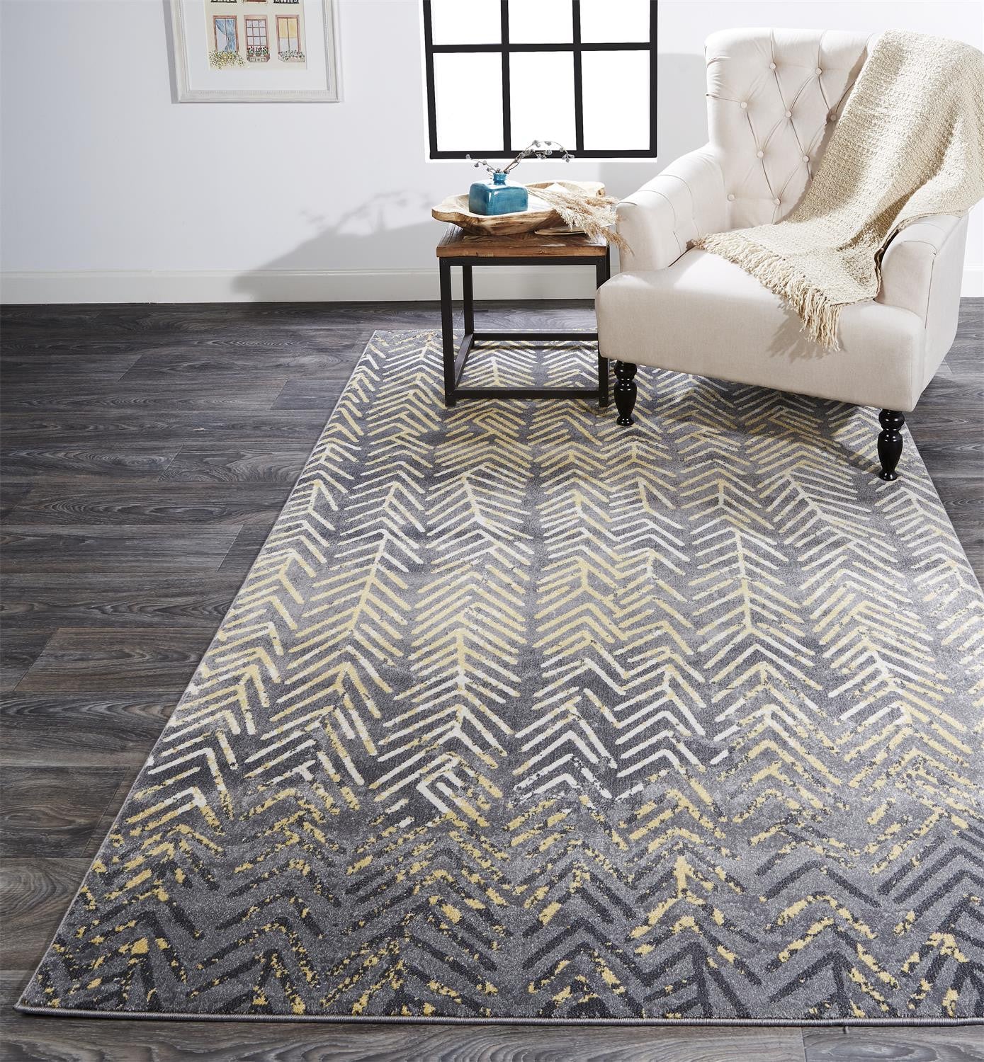 8' X 11' Gray Yellow And White Abstract Stain Resistant Area Rug