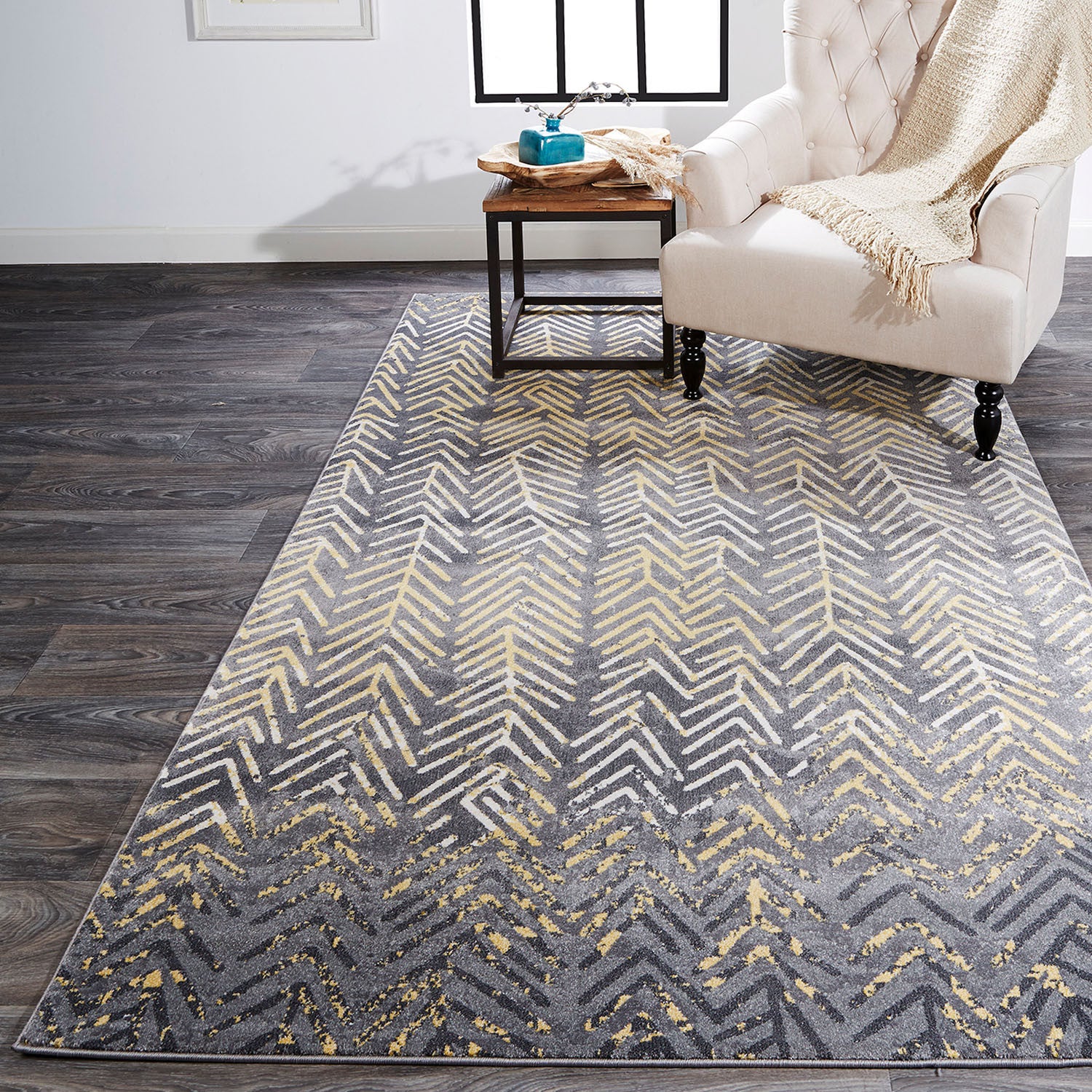 8' X 11' Gray Yellow And White Abstract Stain Resistant Area Rug