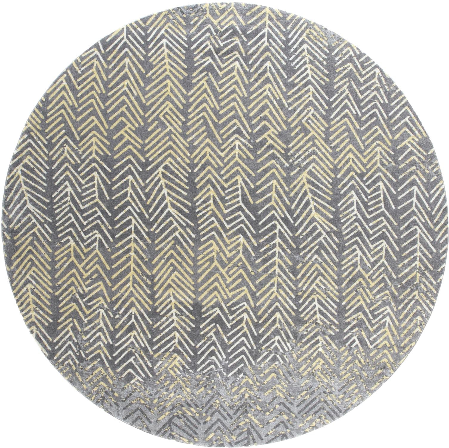 8' Gray Yellow And White Round Abstract Stain Resistant Area Rug