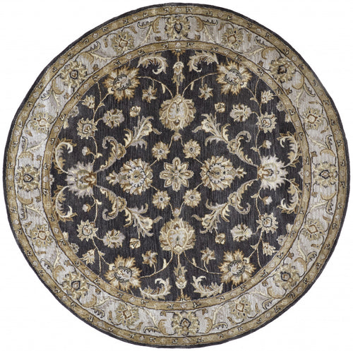 8' Blue Gray And Taupe Round Wool Floral Tufted Handmade Stain Resistant Area Rug