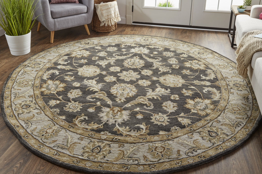 8' Blue Gray And Taupe Round Wool Floral Tufted Handmade Stain Resistant Area Rug