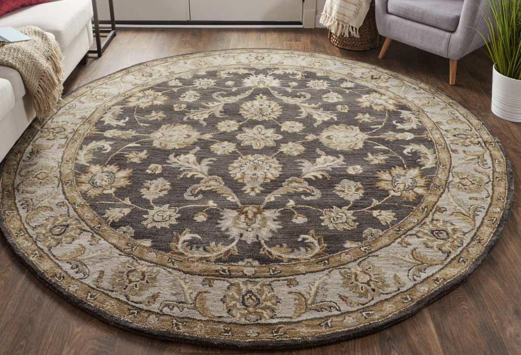 8' Blue Gray And Taupe Round Wool Floral Tufted Handmade Stain Resistant Area Rug