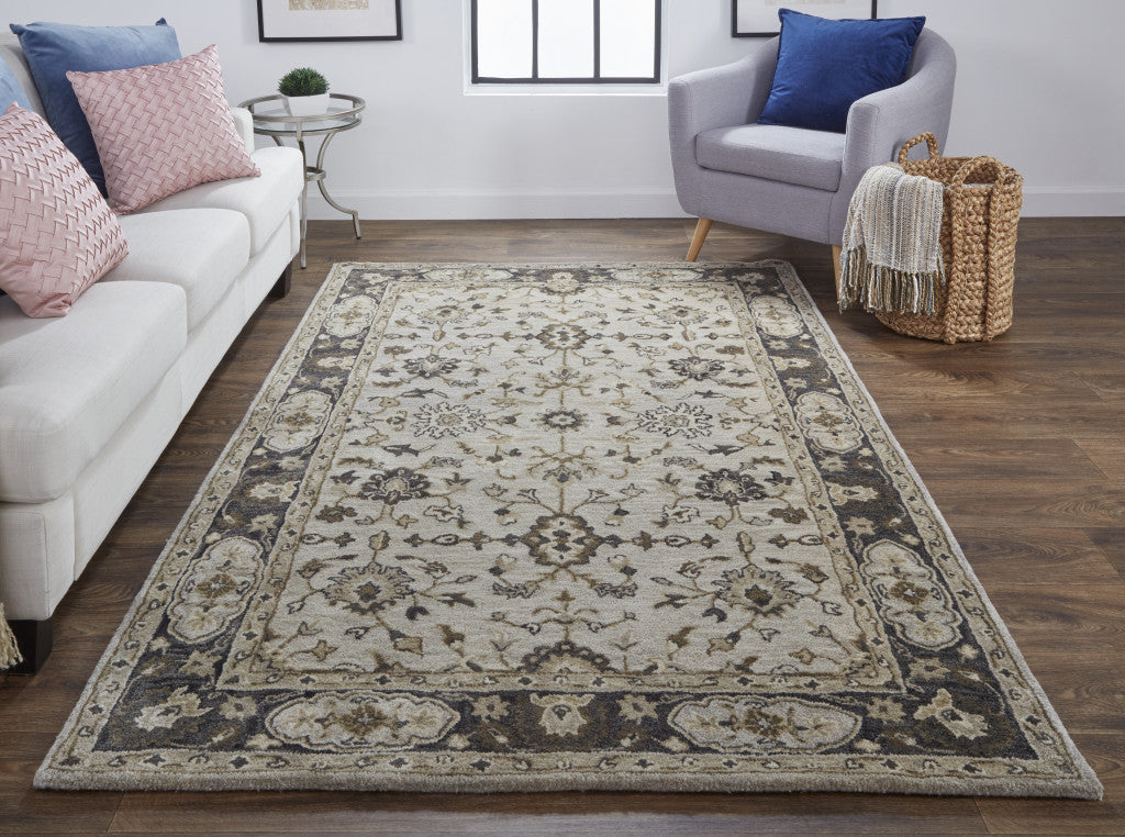 4' X 6' Gray Ivory And Taupe Wool Floral Tufted Handmade Stain Resistant Area Rug