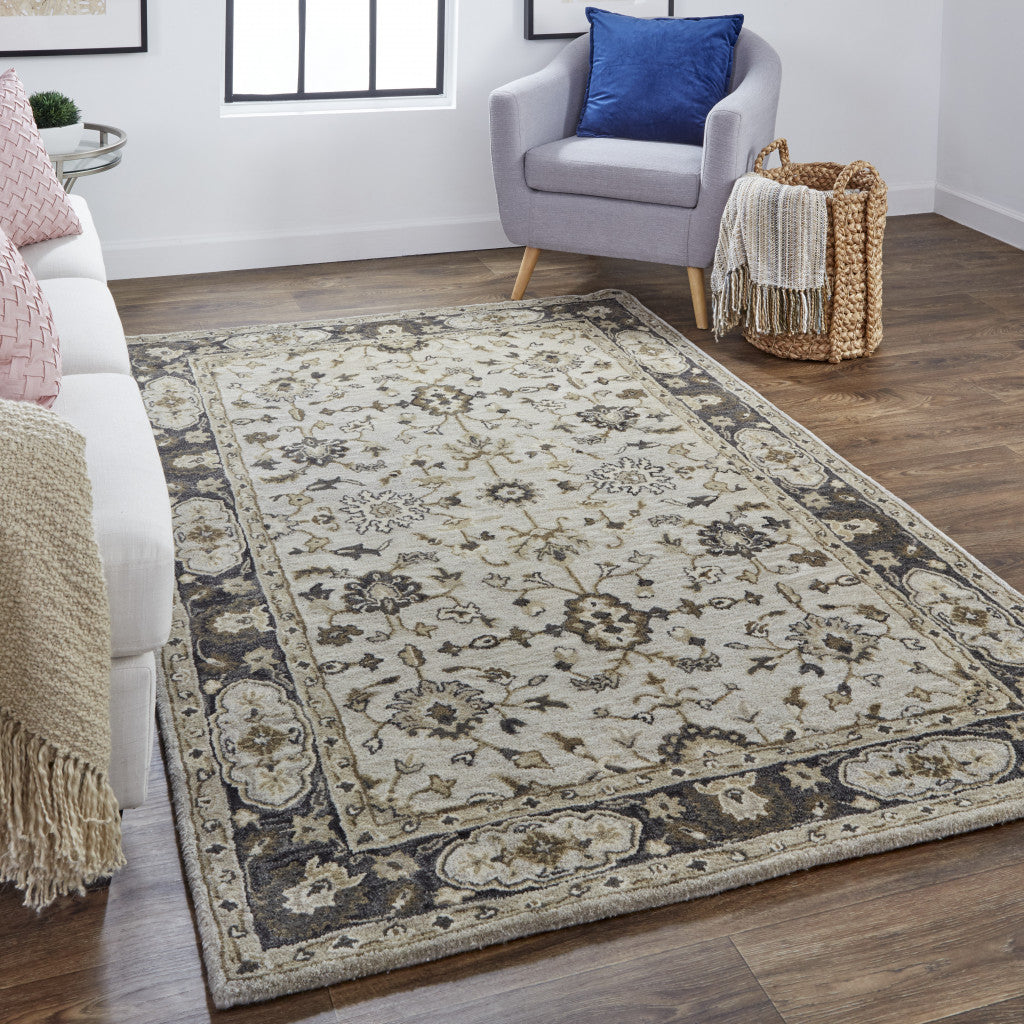 5' X 8' Gray Ivory And Taupe Wool Floral Tufted Handmade Stain Resistant Area Rug