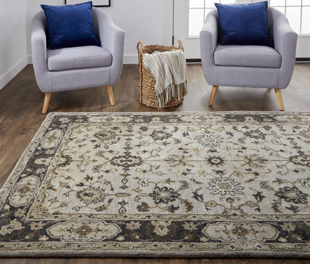 5' X 8' Gray Ivory And Taupe Wool Floral Tufted Handmade Stain Resistant Area Rug