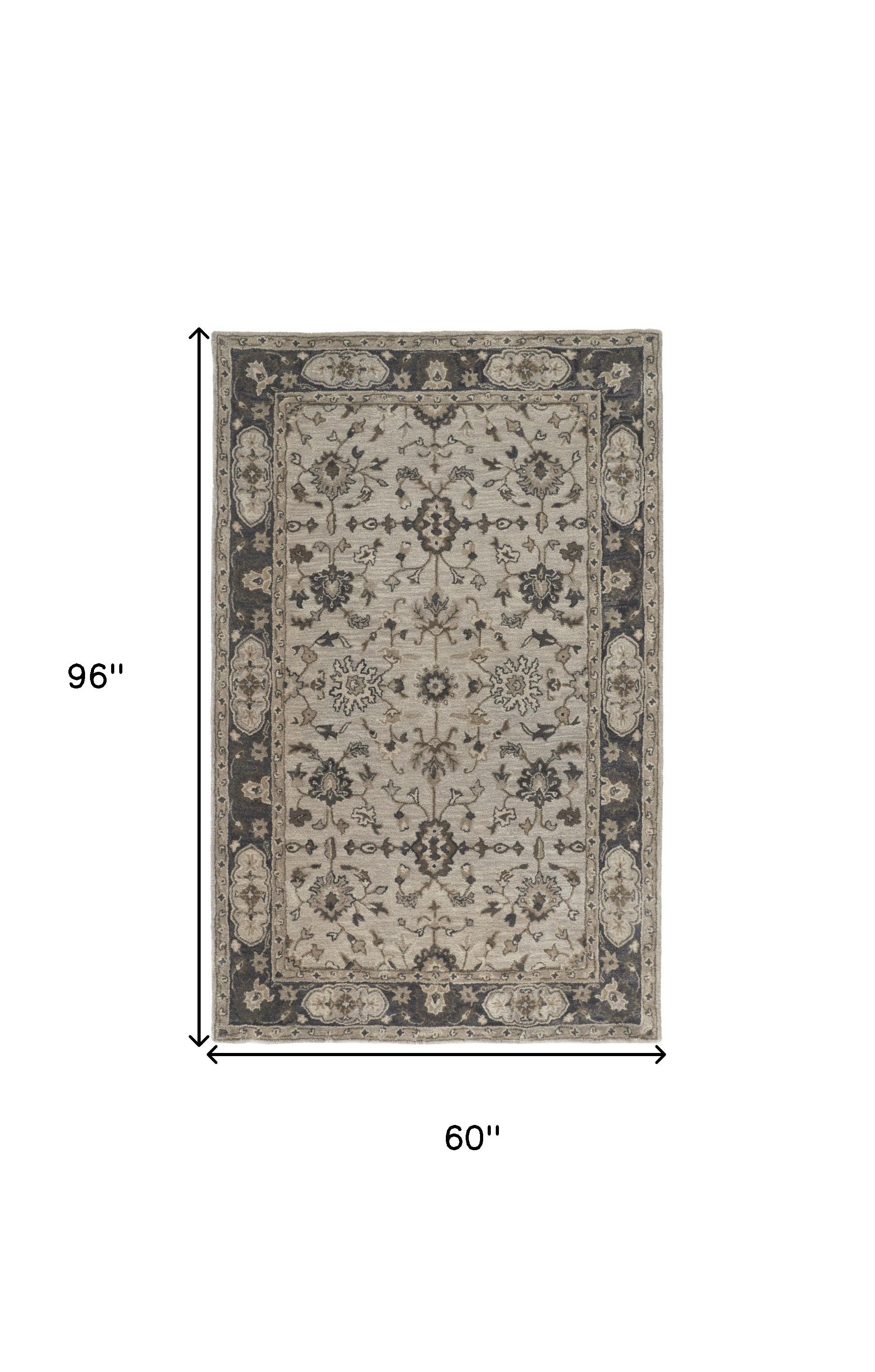 5' X 8' Gray Ivory And Taupe Wool Floral Tufted Handmade Stain Resistant Area Rug