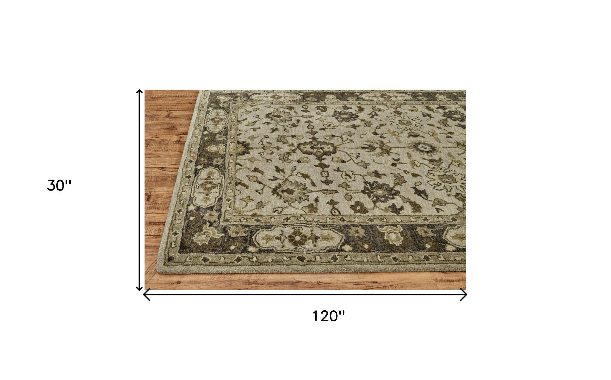 10' Gray Ivory And Taupe Wool Floral Tufted Handmade Stain Resistant Runner Rug