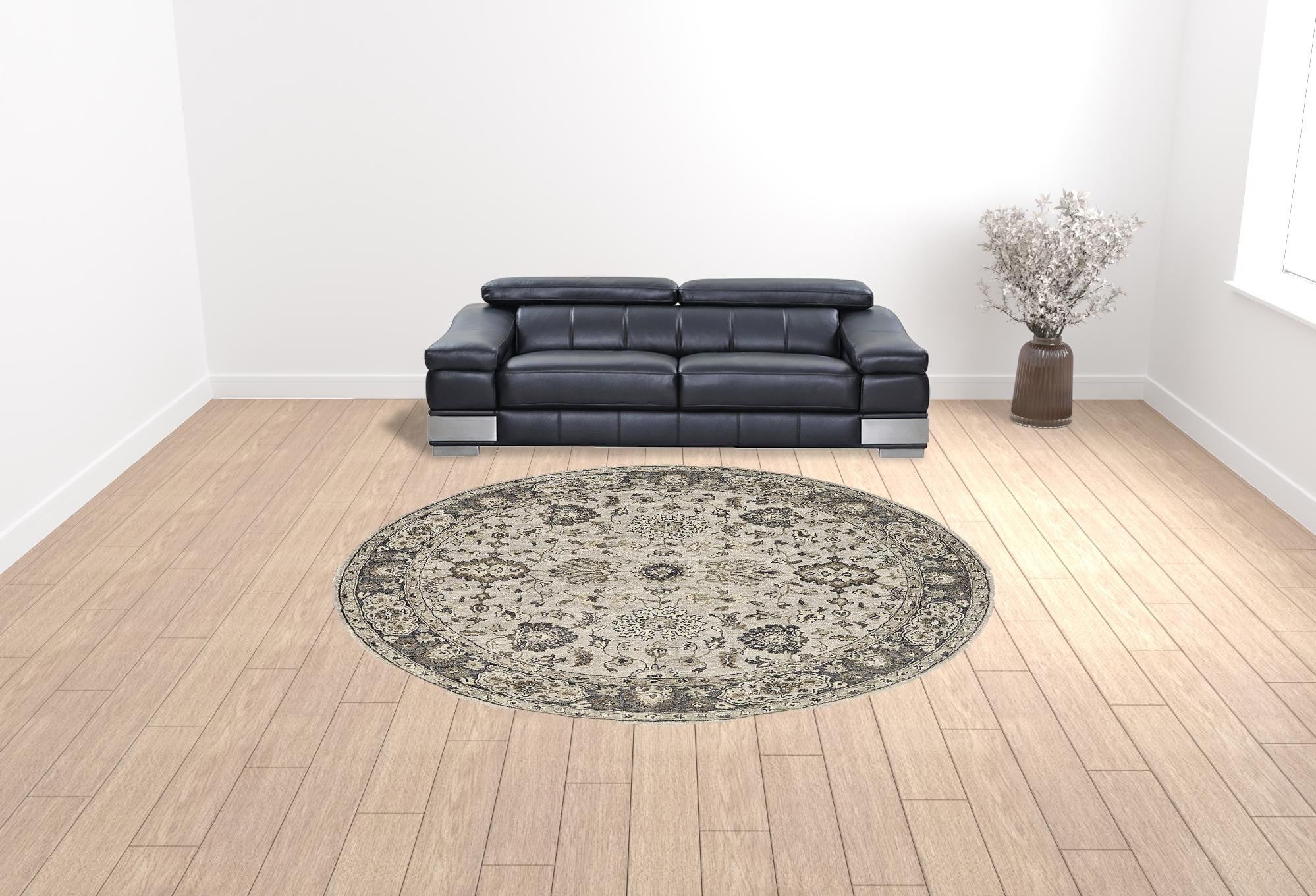 10' Gray Ivory And Taupe Round Wool Floral Tufted Handmade Stain Resistant Area Rug