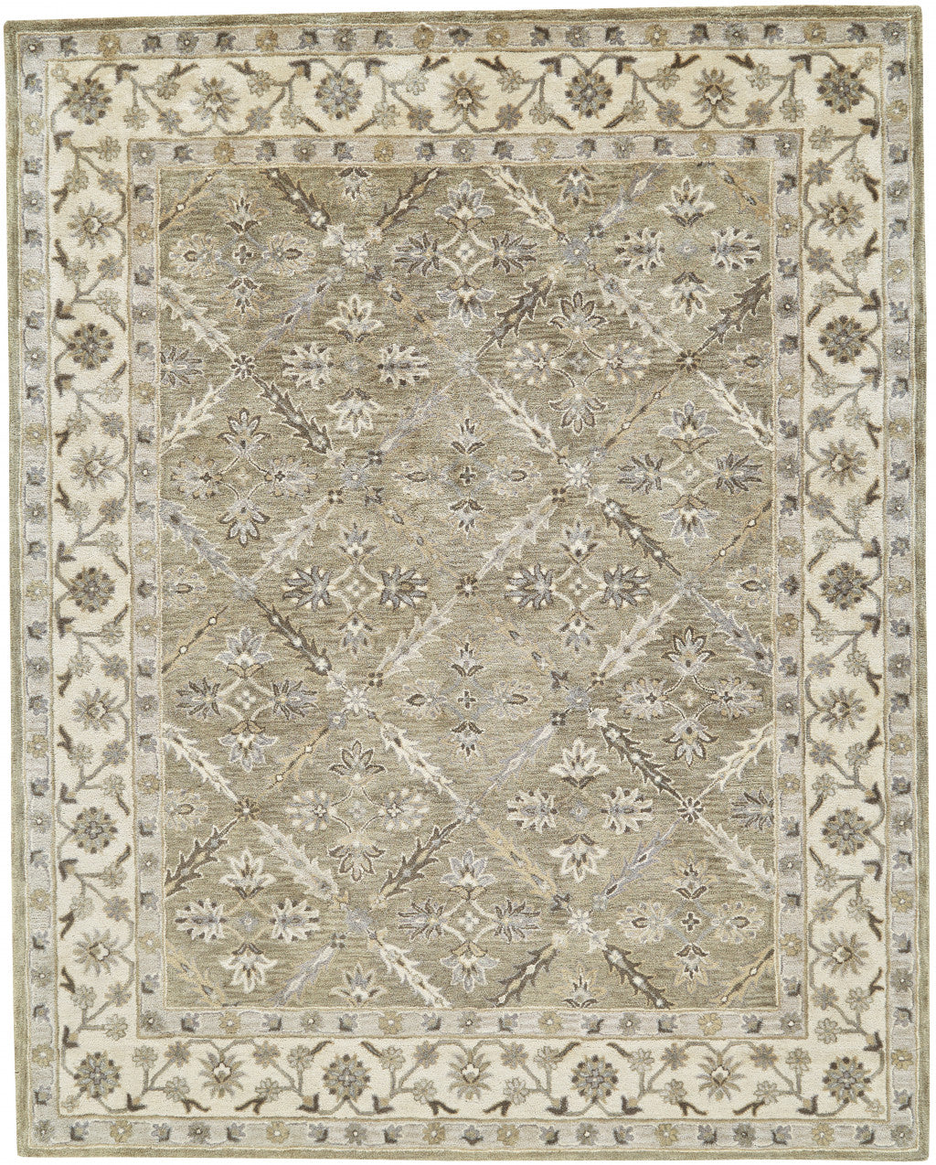 5' X 8' Green Brown And Taupe Wool Paisley Tufted Handmade Stain Resistant Area Rug