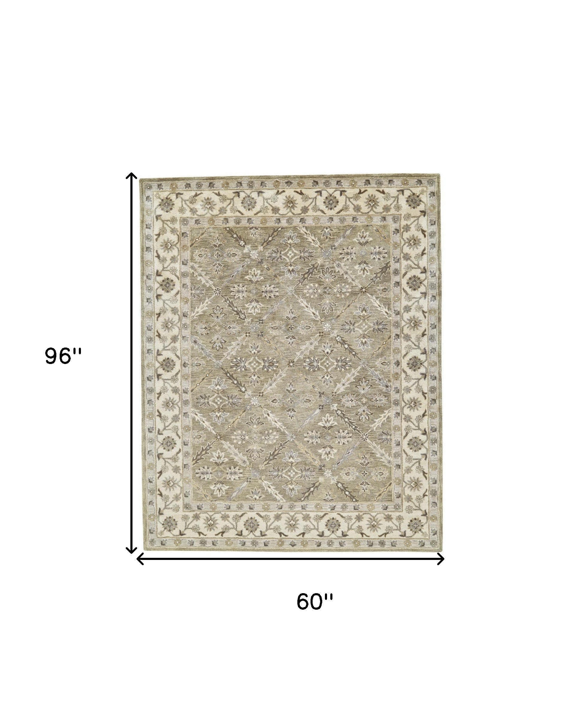 5' X 8' Green Brown And Taupe Wool Paisley Tufted Handmade Stain Resistant Area Rug