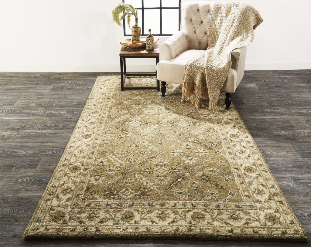 5' X 8' Green Brown And Taupe Wool Paisley Tufted Handmade Stain Resistant Area Rug