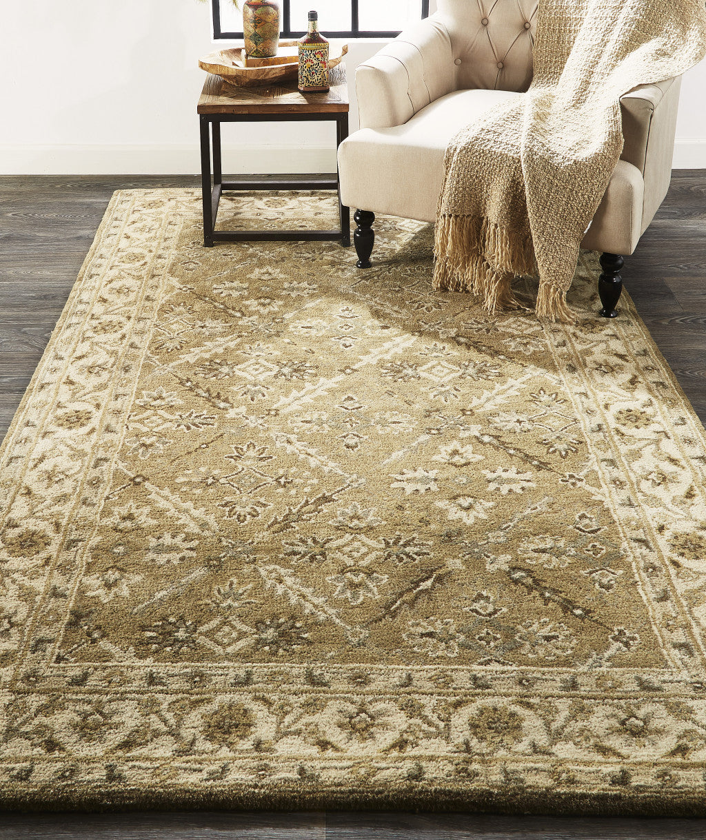 5' X 8' Green Brown And Taupe Wool Paisley Tufted Handmade Stain Resistant Area Rug