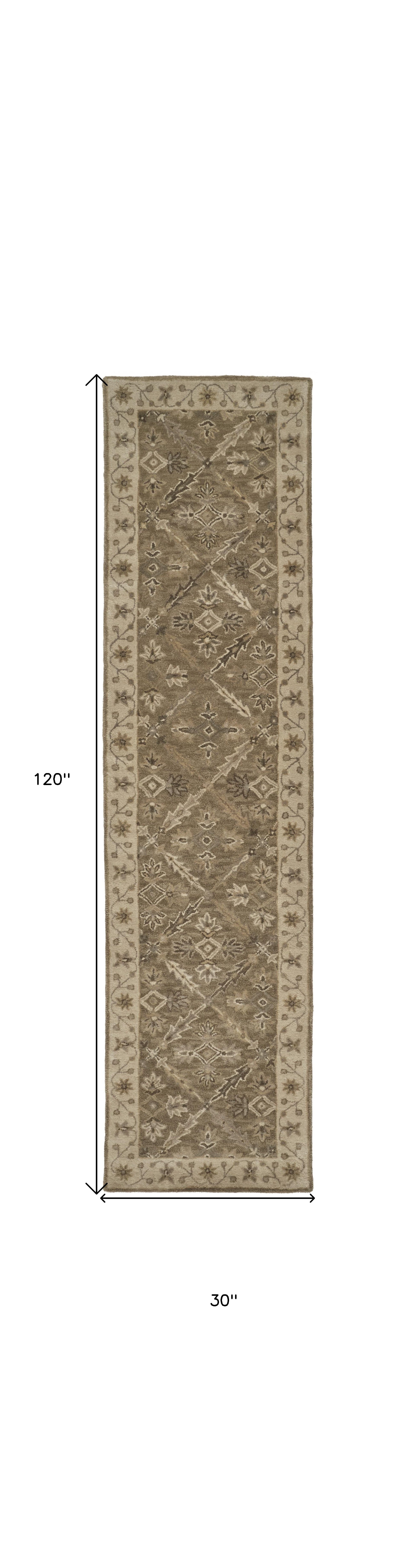 10' Green Brown And Taupe Wool Paisley Tufted Handmade Stain Resistant Runner Rug