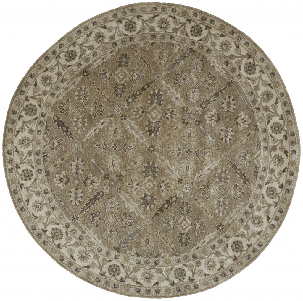 8' Green Brown And Taupe Round Wool Paisley Tufted Handmade Stain Resistant Area Rug