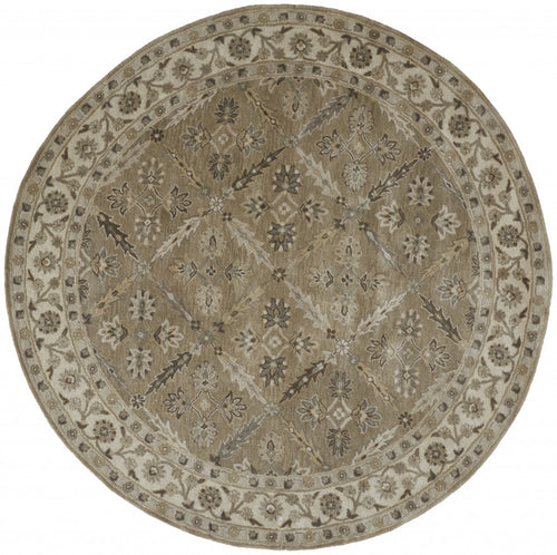 8' Green Brown And Taupe Round Wool Paisley Tufted Handmade Stain Resistant Area Rug