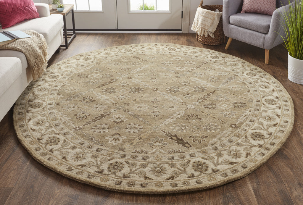 8' Green Brown And Taupe Round Wool Paisley Tufted Handmade Stain Resistant Area Rug