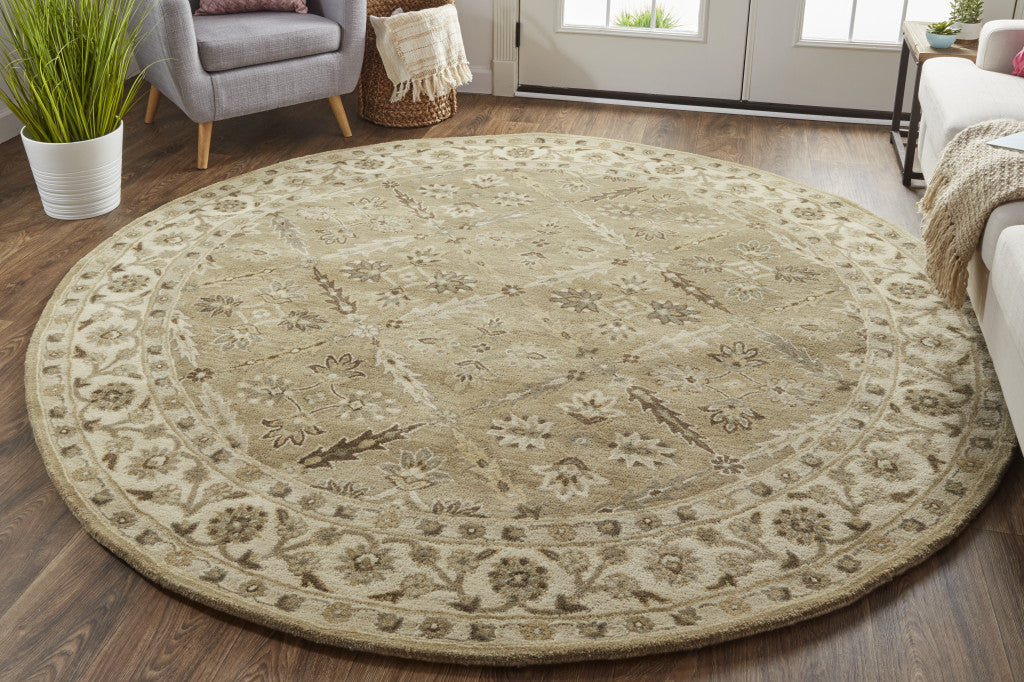 10' Green Brown And Taupe Round Wool Paisley Tufted Handmade Stain Resistant Area Rug