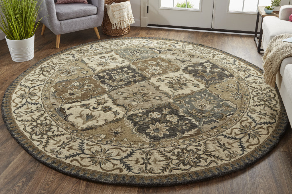 8' Blue Gray And Taupe Round Wool Paisley Tufted Handmade Stain Resistant Area Rug