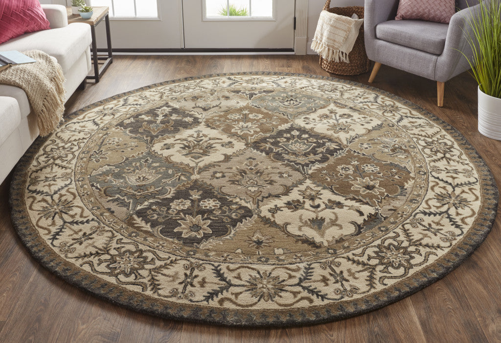 10' Blue Gray And Taupe Round Wool Paisley Tufted Handmade Stain Resistant Area Rug